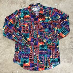 Vintage H Bar C Western Button Up Shirt Large 16/36 Tribal Southwest 80s Snap